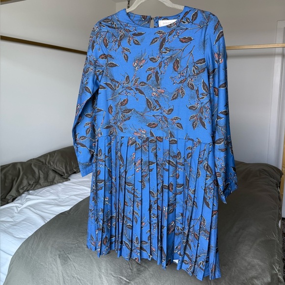 Dresses & Skirts - Blue Floral Long Sleeve Pleated Dress Womens S Coquette Girl Tennis Academia Y2K